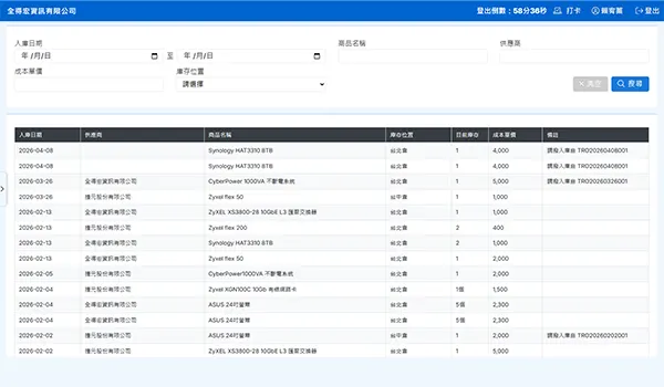 全得宏庫存管理系統介面 - 庫存數量查詢與進出貨管理
