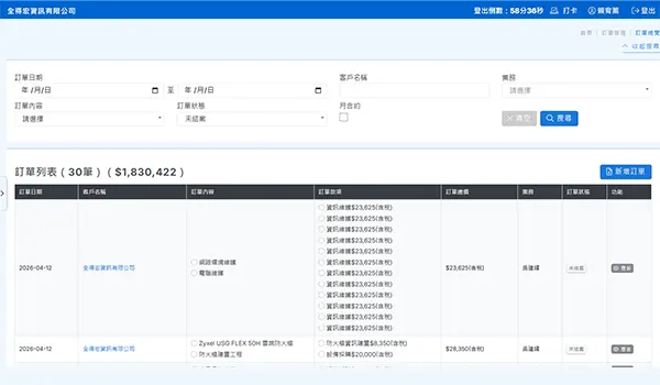 全得宏訂單管理系統介面 - 訂單建立與收款進度追蹤